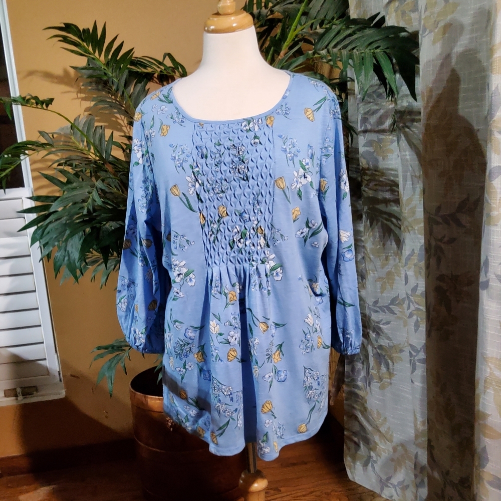 Blue Floral Smocked Blouse NWT